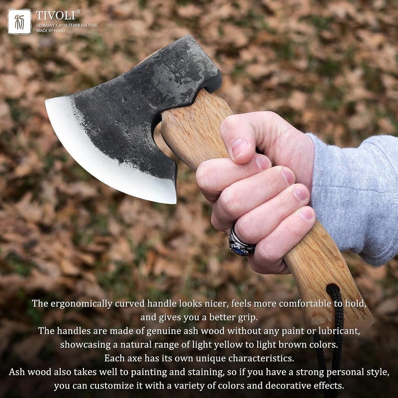 Tivoli 9-inch Small Hatchet Axe for Camping, Small Wood Hatchet Hand Axe, Hand Forged Carbon Steel Short Camp Axe for Chopping Wood, Ash Wood Handle, Retro Sheath - Image 4